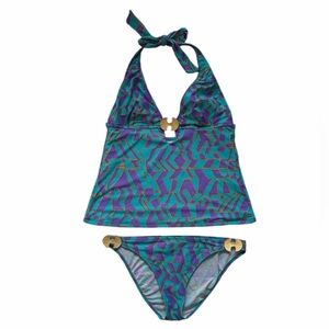 Trina Turk Art Deco Geometric Tankini Swimsuit Set Gold Hardware M Resort Y2K